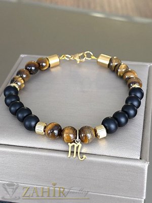  Красива ръчно изработена гривна от оникс и тигрово око 8 мм и висулка стоманен зодиакален знак, позлатени стоманени накрайци  - MGA1693